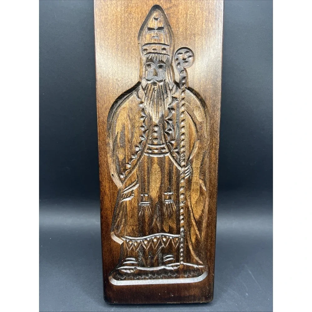 Vtg Wooden Speculaas Cookie Mold Saint Nicholas Sinterklaas GingerBread Board